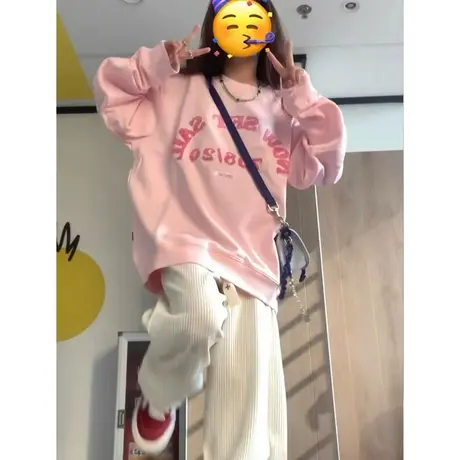 粉色卫衣女圆领秋冬加绒加厚美式复古炸街小众设计感宽松长袖上衣商品大图