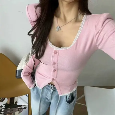 韩国东大门2024春季新款系扣蕾丝边开衫长袖t恤女打底衫外穿上衣图片