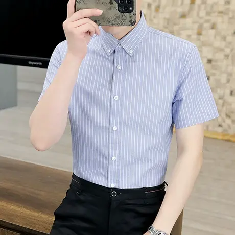 条纹短袖衬衫男士夏季薄款宽松设计感纯棉半袖衬衣男潮流休闲外套商品大图