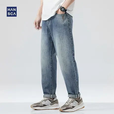 hansca牛仔裤潮牌男大码2023年春季新款宽松直筒蓝色锥形休闲长裤商品大图