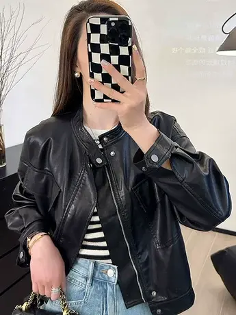 欧洲站短款高级感PU皮衣夹克女春秋季新款宽松显瘦小个子上衣外套商品大图