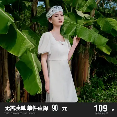 森马连衣裙女俏皮泡泡袖甜美优雅2023夏季新款蝴蝶结肌理短裙韩版图片