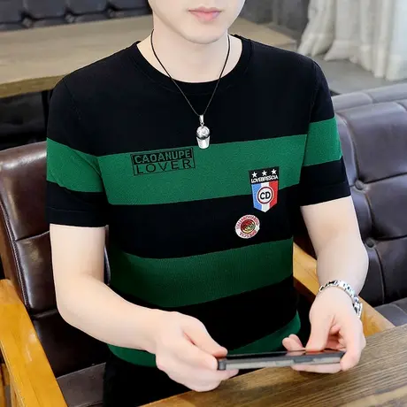 潮牌个性微章刺绣短袖男士夏装薄款冰丝衣服拼色条纹圆领半袖体恤商品大图