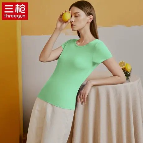 三枪 弹力棉夏季短袖打底衫纯色圆领无痕女春秋棉质修身上衣T恤商品大图