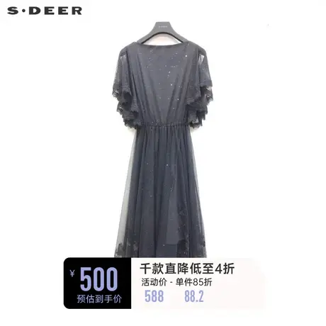 sdeer圣迪奥女装复古圆领收腰网纱蕾丝连衣裙S223Z1227图片