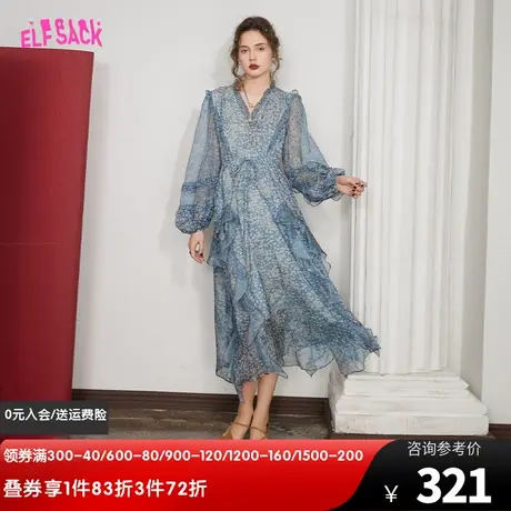 妖精的口袋蓝色法式v领连衣裙女2023春秋新款长袖高级感碎花裙子图片