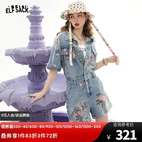 妖精的口袋工装牛仔连体裤女2023夏新款小个子短裤显瘦设计感裤子商品大图