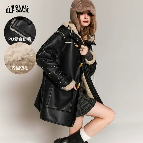 妖精的口袋加厚皮衣棉服女2023冬季新款学院风黑色中长款保暖棉衣图片