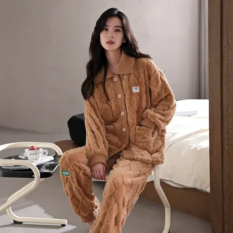 婷美秋冬季睡衣女珊瑚绒长袖开衫简约纯色家居服长毛绒冬款两件套图片