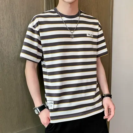 条纹t恤男短袖2023新款潮牌棉感男装宽松半袖体恤潮流夏装上衣服商品大图