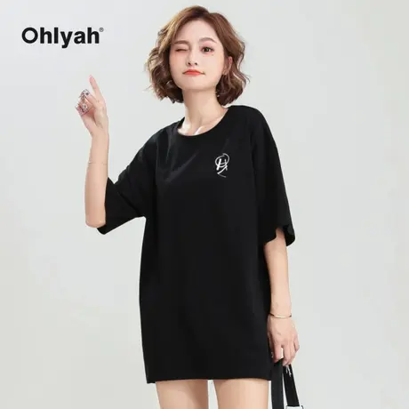 Ohlyah品牌 oversize中长款t恤女黑色短袖休闲百搭圆领半袖打底衫商品大图