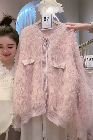 重工款珍珠扣小香风外套女韩系宽松显瘦仿水貂毛甜美百搭针织毛衣图片