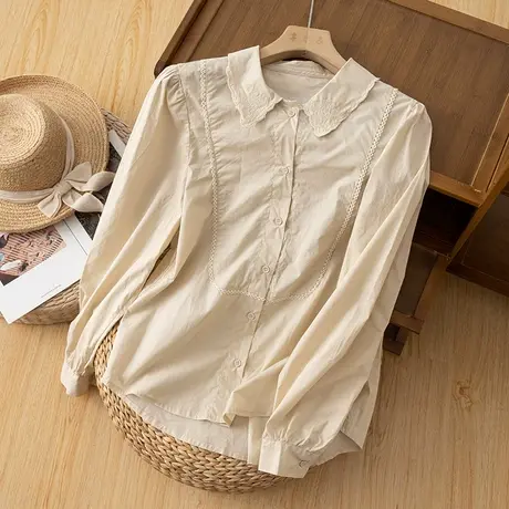 享永子全棉衬衫女文艺复古法式上衣宽松休闲百搭衬衣2023春秋新款商品大图