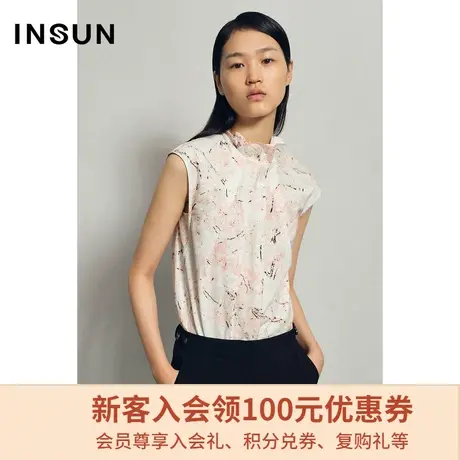 恩裳商场同款夏季时尚简约无袖设计感褶皱粉色气质雪纺衫图片