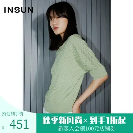 恩裳COVER2023夏装新款简约一字领舒适蝙蝠袖螺纹收腰宽松针织衫商品大图