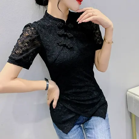 复古盘扣蕾丝衫女短袖不规则开叉紧身小衫欧货性感镂空雷丝上衣潮图片