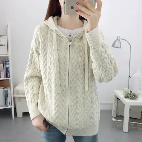 麻花拉链连帽针织开衫女2023秋装新款时尚百搭纯色毛衣外套外搭女图片