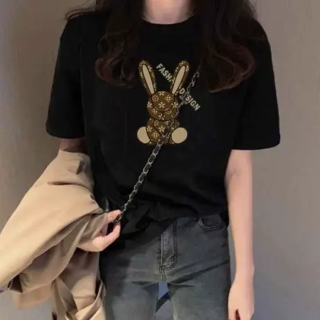 黑色兔子短袖t恤女2023春夏新款宽松显瘦内搭体恤纯棉半袖上衣潮商品大图