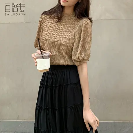 百洛安短袖上衣女夏装新款韩版宽松显瘦泡泡袖褶皱t恤衫时尚小衫图片