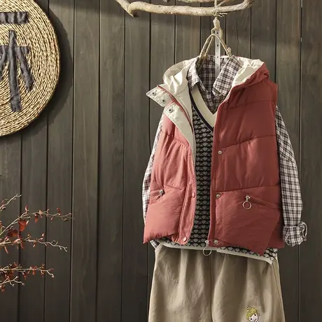 枫谜2021年秋冬新款文艺简约夹棉短款连帽马夹女韩版宽松无袖棉服商品大图