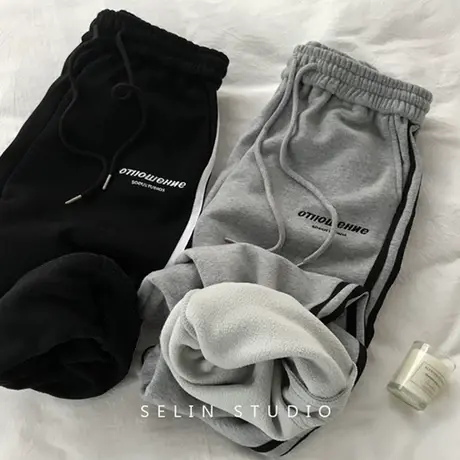 加绒加厚裤子女潮ins秋冬小个子卫裤宽松直筒显瘦百搭运动束脚裤商品大图