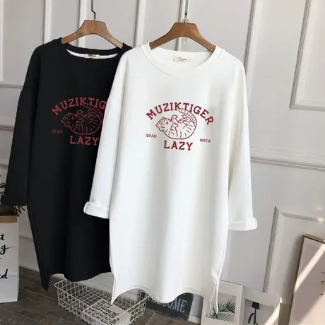 磨毛长袖t恤女中长款过臀韩版宽松休闲大码上衣纯棉2022新款秋装商品大图