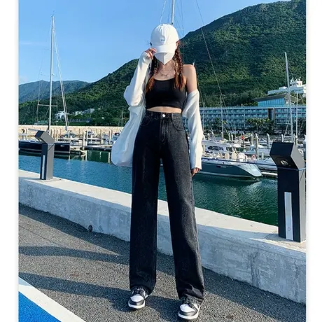 黑色阔腿牛仔裤女春秋2023新款显瘦高腰直筒宽松垂感拖地裤小个子图片