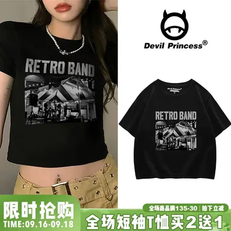 vintage美式复古短袖T恤女百搭黑色2023夏季街头风露脐短款上衣潮商品大图