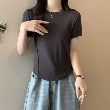 短袖T恤女2023夏天新款修身显瘦打底小衫短款半袖正肩鱼骨上衣潮商品大图