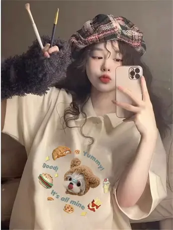 纯棉Polo领短袖t恤女夏季2023新款小个子美式复古宽松半袖上衣潮商品大图