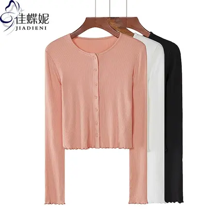 早春装新款圆领短款纯色T恤螺纹纽扣长袖简约修身上衣开衫外套体商品大图