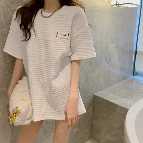 chic港味方格短袖t恤女春夏2021宽松韩版ins慵懒风bf中长款上衣潮商品大图