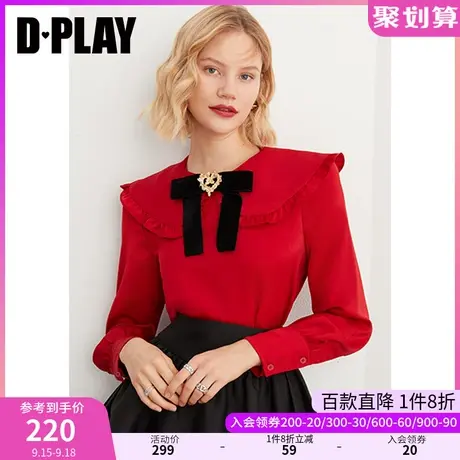 DPLAY秋装新款法式复古少女感圣诞红娃娃领蝴蝶结长袖衬衫图片