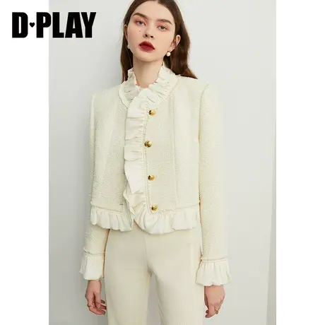 DPLAY【黑标】秋装新名媛风荷叶领边奶油白小香风粗花呢外套图片