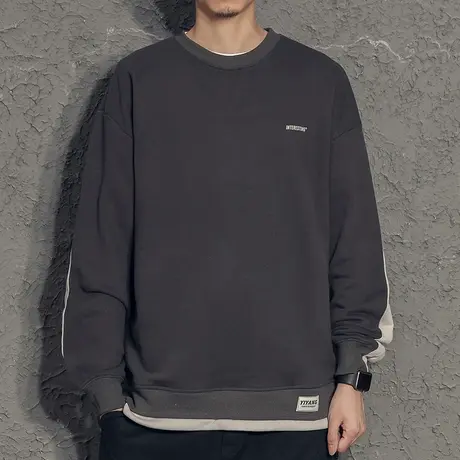 拼接假两件宽松卫衣男士外套2021新款韩版潮流日系加绒秋装上衣男商品大图