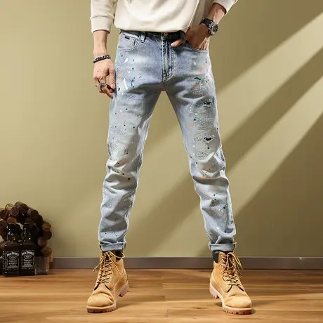 牛仔裤男泼墨油漆点浅色破洞潮ins高街潮牌男裤男款秋季裤子男士商品大图