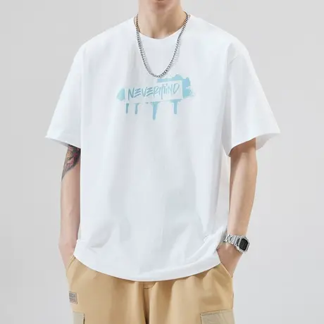 夏天男士全棉白色T恤夏季男款宽松纯棉潮牌情侣短袖夏款男装上衣商品大图