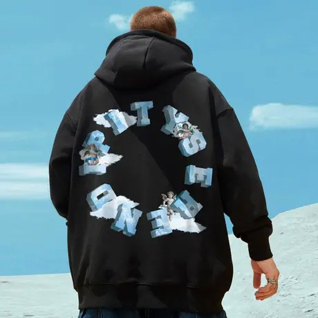 潮牌连帽春秋加绒加厚宽松套头胖子潮流加肥加大码简约秋冬卫衣男商品大图