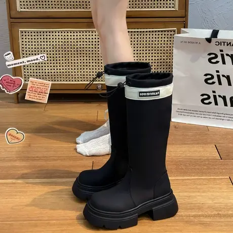 拼色显瘦高筒骑士靴女2023年新款粗跟厚底日系长靴圆头直筒靴子商品大图