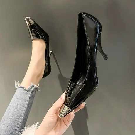 永希女鞋黑色漆皮细跟高跟鞋女2023年春季新款百搭职业气质女单鞋图片