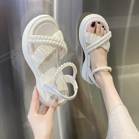 中跟厚底凉鞋女款夏季2023年新款女士仙女风网纱珍珠露趾罗马鞋子商品大图