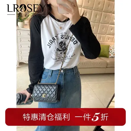 蓝若水大码女装撞色插肩袖印花上衣春季新款胖mm显瘦打底宽松T恤商品大图