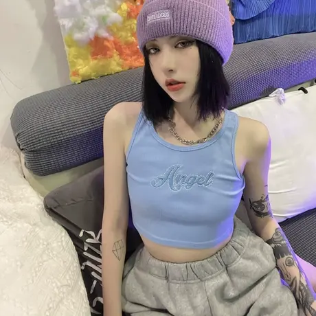 欧美U型领运动背心修身显瘦无袖字母刺绣性感内搭休闲t恤上衣女图片