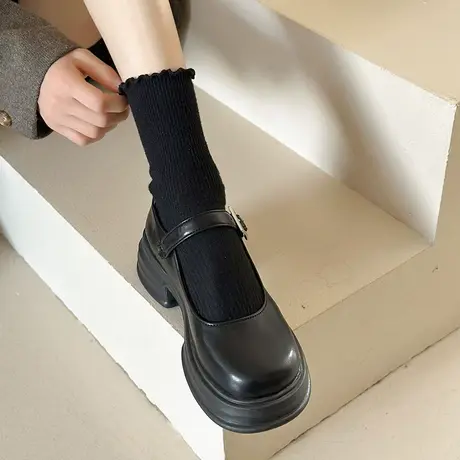 黑色jk小皮鞋女2024春季新款百搭法式粗跟高跟鞋浅口通勤玛丽珍鞋商品大图