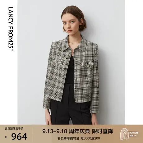 【会员专享】朗姿羊毛复古格纹夹克短外套长袖女式上衣2023秋新款图片