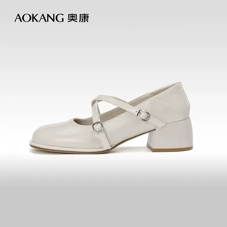 奥康女鞋 春秋季新款漆面绑带显腿细时尚方跟浅口玛丽珍单鞋女图片
