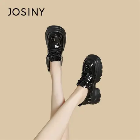 Josiny/卓诗尼厚底单鞋女2024新款春季女鞋系带英伦风漆皮乐福鞋商品大图