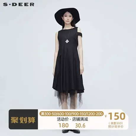 sdeer圣迪奥露肩国风连衣裙装不规则摆网纱小黑裙S20281207图片