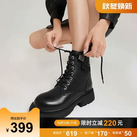 骆驼女鞋2023年新款冬靴女加绒粗跟厚底马丁靴牛皮舒适保暖短靴女商品大图