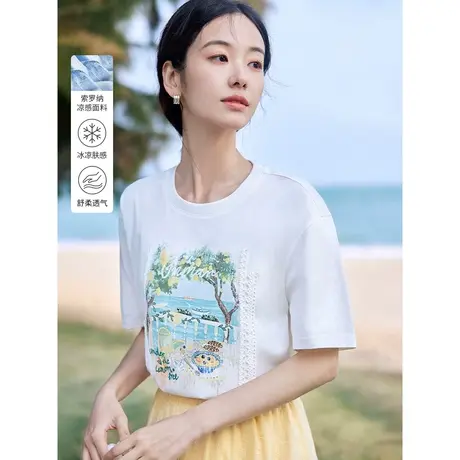 茵曼法式清新T恤2023夏女装新款圆领原创印花花边短袖宽松上衣商品大图